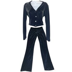Y2K BCBG Black Velvet Tracksuit Set Cropped Button Up Jacket Pants Velour Sporty